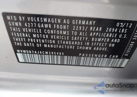 2012 Volkswagen Golf 2.5L 4-Door from USA, damaged, VIN WVWDB7AJ4CW285489